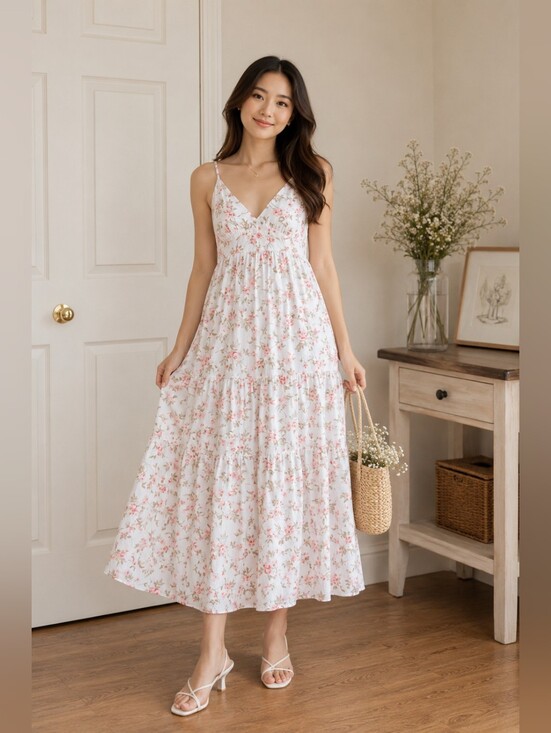 Haute Monde Dresses & Skirts - HAUTE MONDE White Floral Maxi Dress with Pink & Sage Print